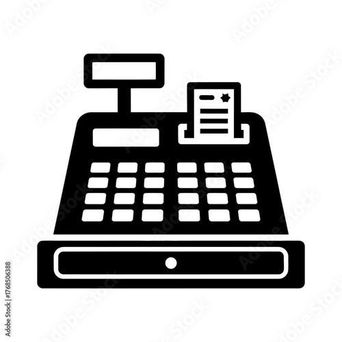 Monochromatic Cash Register Icon with Receipt and Drawer on White