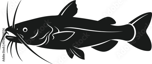 Black catfish silhouette realistic detail aquatic animal wildlife nature fishing sports flat design vector illustration isolated on transparent background