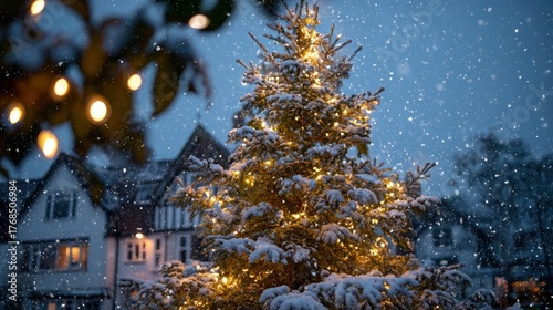 Snow falls on a lit Christmas tree with snowcovered branches outside a building with lights in the windows