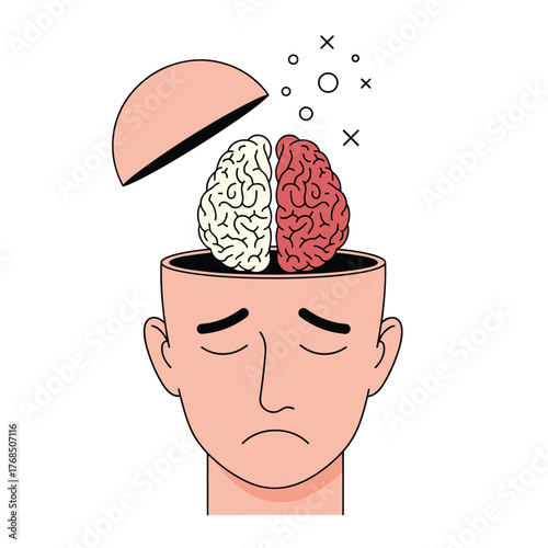 Open head reveals split brain hemispheres, conveying mental distress or a cognitive overload concept.