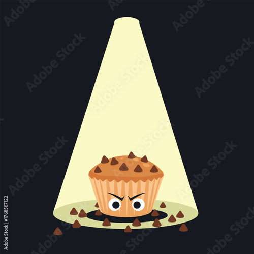 An angry chocolate chip muffin stands under a spotlight surrounded by scattered chocolate chips.