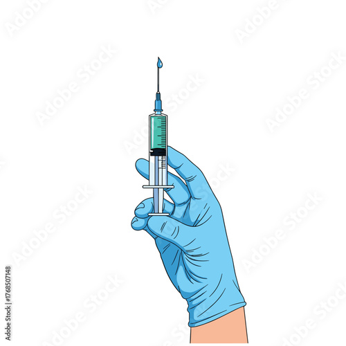 Illustration of a gloved hand holding a syringe with green liquid and a drop at the tip.