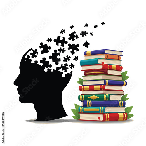 Silhouette of a head with puzzle pieces flying out, next to a stack of books.