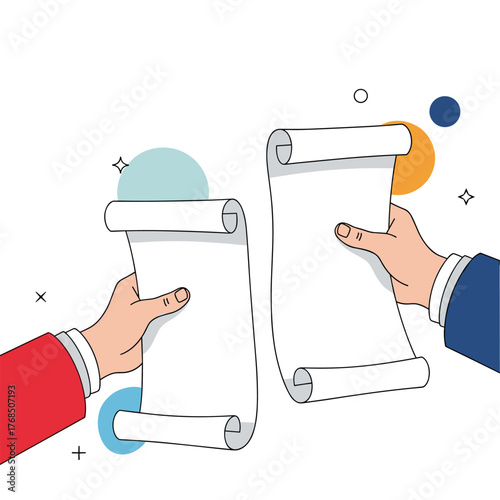 Two hands hold up blank scrolls, representing ideas, proposals, or agreements.