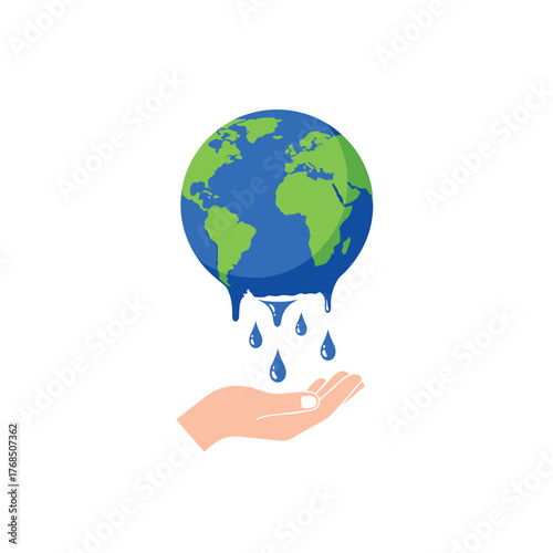 Stylized illustration of planet Earth as a melting globe with water droplets falling into an open hand.