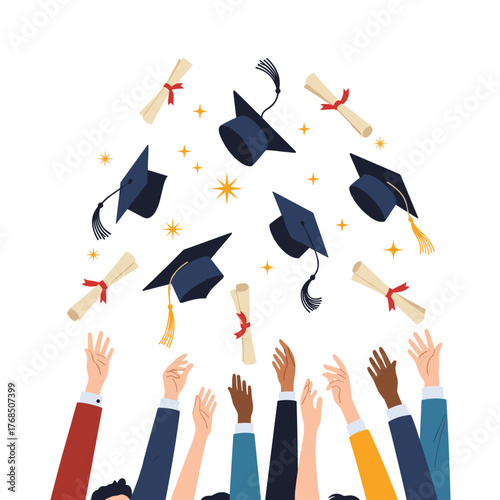 Graduation caps and diplomas tossed in the air by diverse hands celebrating achievement.