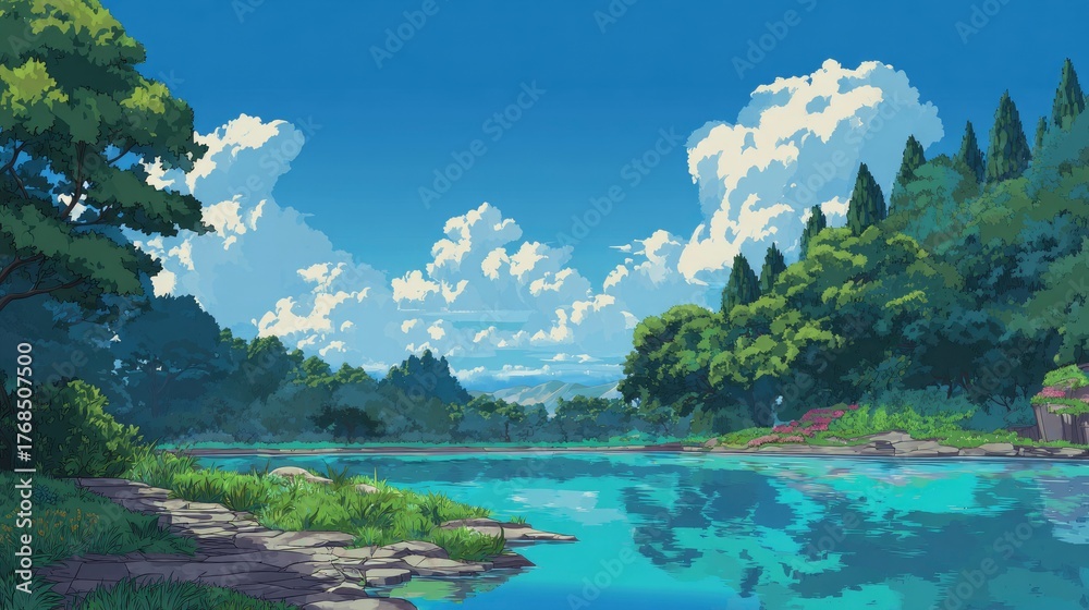 Fototapeta premium Tranquil scene with a lake lush trees and a vibrant blue sky with fluffy white clouds