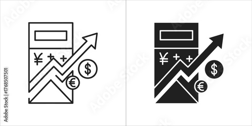 Icons depicting a calculator with an upward trending graph and currency symbols