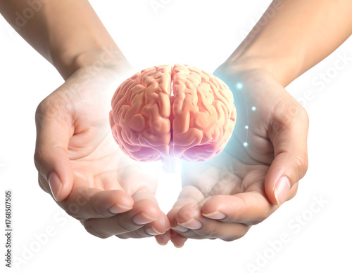 Hands holding a realistic 3D human brain with glowing edges mind intelligence
