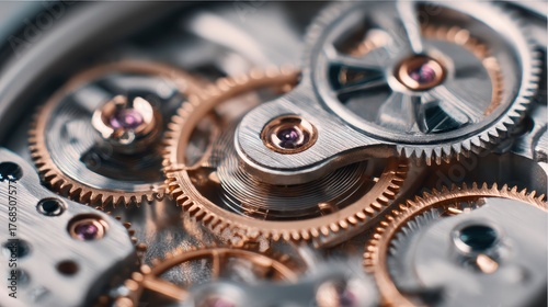 Watch mechanism complex array of golden gears screws  violet jeweled pivots