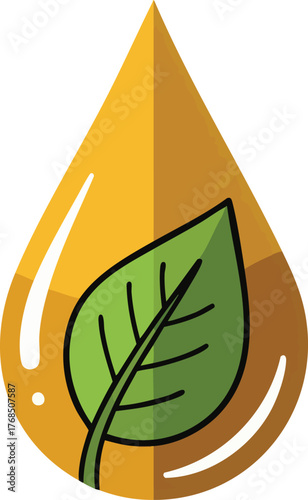 Illustration of a green leaf suspended in a golden liquid drop.