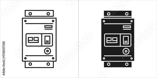 Two icons of an electrical breaker box, one in outline and one in solid black