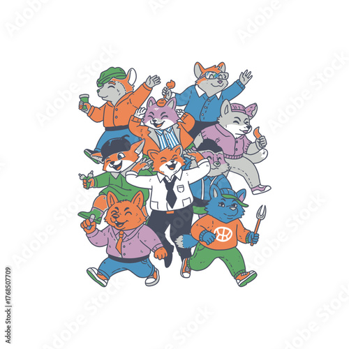 Colorful Anthropomorphic Animal Friends Dancing Together Illustration.