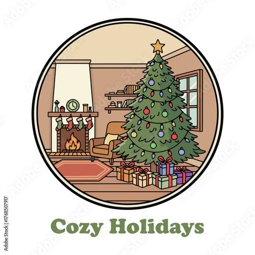 Cozy Holidays Christmas Tree and Fireplace Illustration – Warm Winter Holiday Vector Design