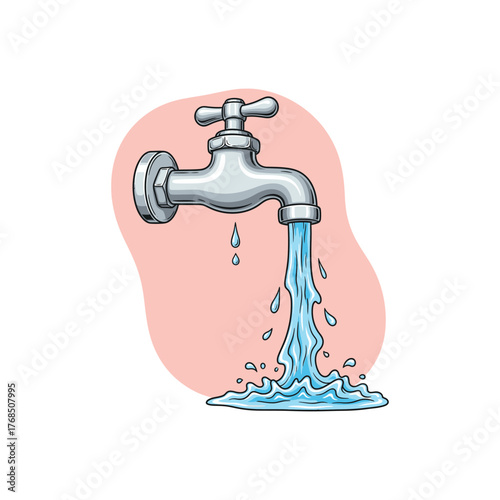 Illustration of Running Water From Metal Faucet Tap.