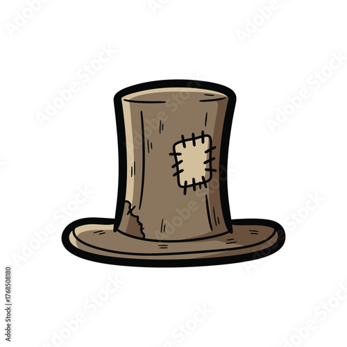 Worn Patched Cartoon Top Hat With Visible Stitching.