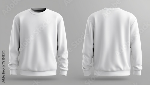 White Sweatshirt Mockup Template: Front And Back View Of Long-Sleeved Jumper For Print Presentation And T-Shirt Design. Blank Clothing Sweater Mockup.