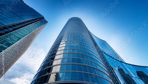 low angle view of modern curved high rise building glass facade of skyscraper office building against blue sky contemporary architectural design