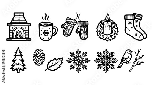 Festive Christmas icons set featuring Santa, reindeer, snowman, gifts, and holiday decor for joyful celebrations