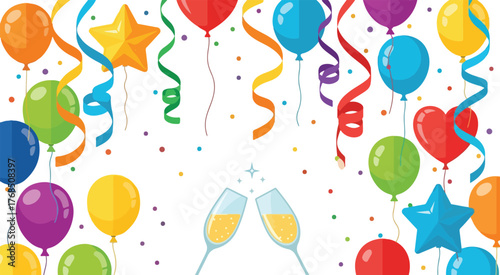Vector celebration background with balloons confetti and champagne glasses for party and event design