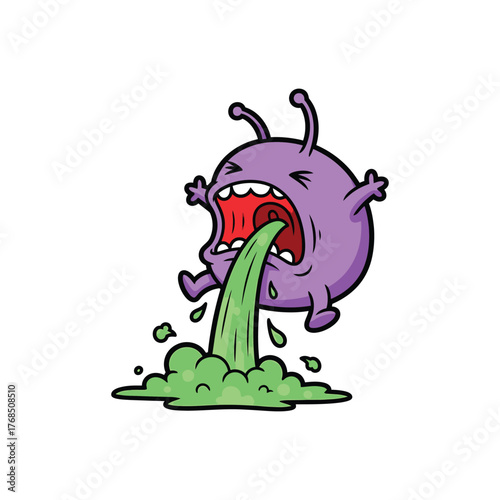 Cartoon purple monster vomiting green slime illustration.