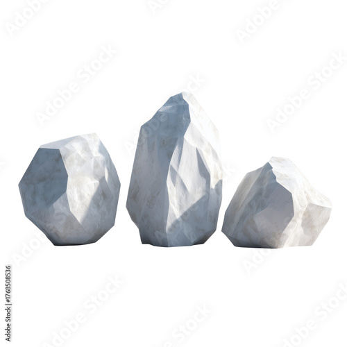 Three abstract white geometric stones isolated
