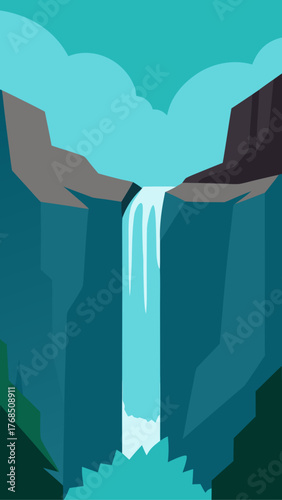 Stylized illustration of a majestic waterfall cascading down rocky cliffs under a cloudy sky