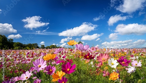 Wallpaper Mural beautiful field of various colored cosmos flowers under a vivid blue sky with white fluffy clouds Torontodigital.ca