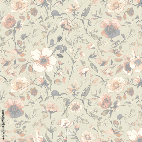 Seamless vector floral pattern featuring hand-drawn flowers and leaves, ideal for elegant feminine designs