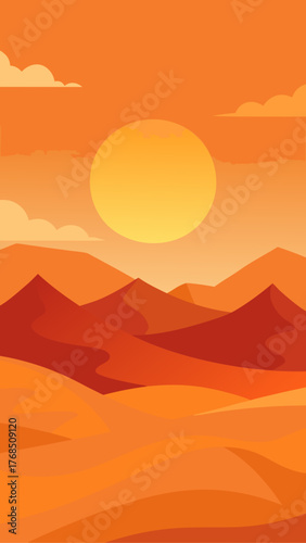 Stylized desert landscape with rolling sand dunes and a large sun in an orange sky