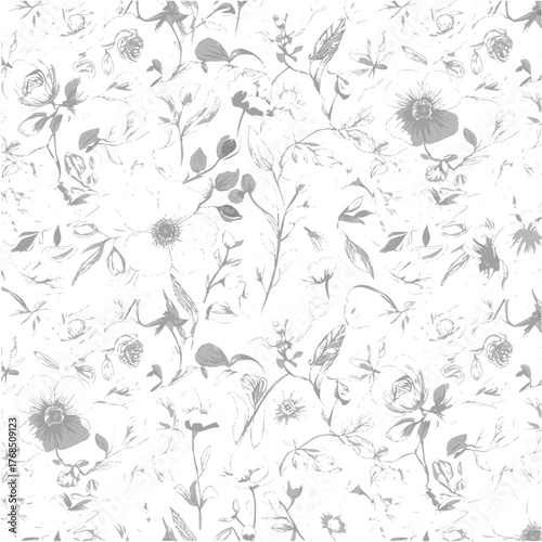 Seamless vector floral pattern featuring hand-drawn flowers and leaves, ideal for elegant feminine designs