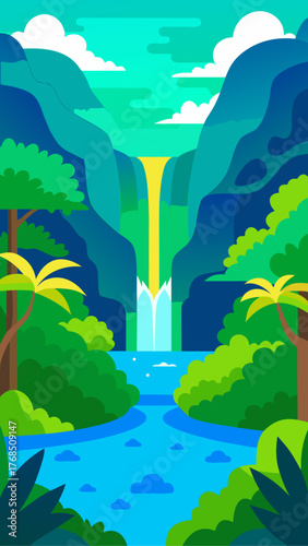 Vibrant abstract jungle landscape with a cascading waterfall and a flowing river