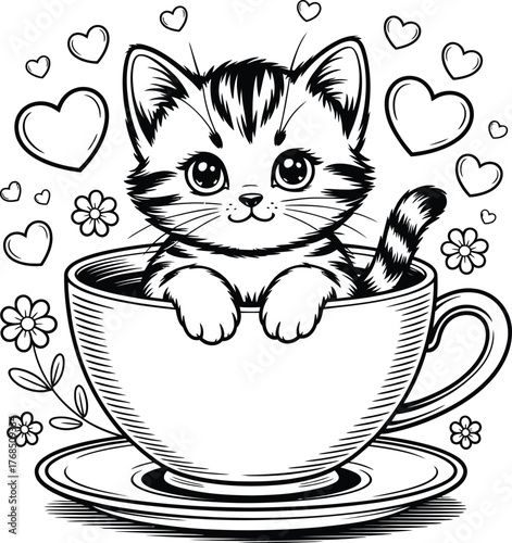 Cute kitten sitting in a teacup with flowers and hearts