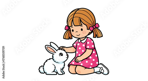 Charming cartoon illustration depicts a little girl tenderly petting a fluffy white rabbit with
