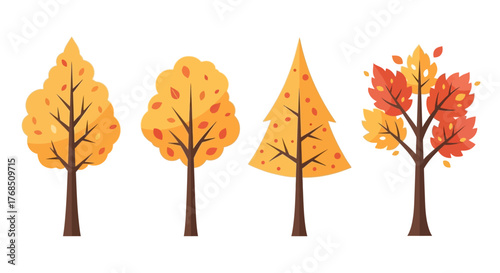 Stylized autumn trees with diverse shapes and warm autumnal hues on a blank canvas background