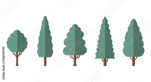 Collection of stylized diverse trees showcasing various shapes and textures in serene green hues