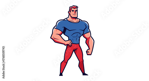 Dynamic cartoon character illustration embodying strength and heroic posture on white backdrop