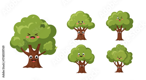Cute cartoon trees with different emotions offer charming whimsical forest scene illustration