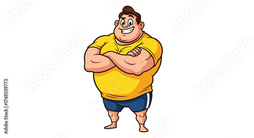 Confident cartoon character with yellow shirt and crossed arms stands smiling happily