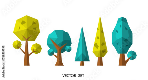 Stylized geometric tree set in vibrant colors offering versatile graphic design elements