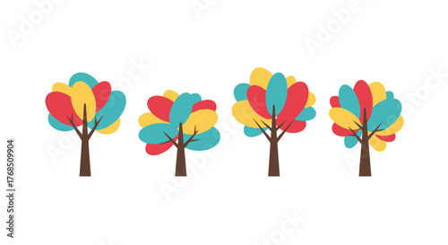 Colorful whimsical trees lined up against a clean white backdrop creating a lively illustration