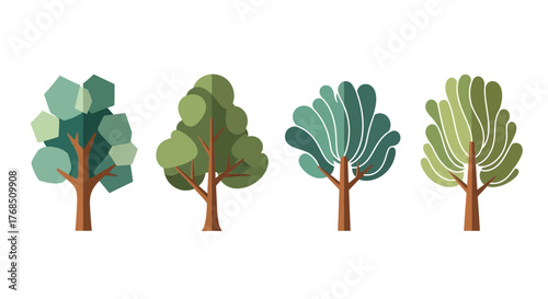 Stylized arboraceous icons presenting a collection of distinct botanical forms in a clean and