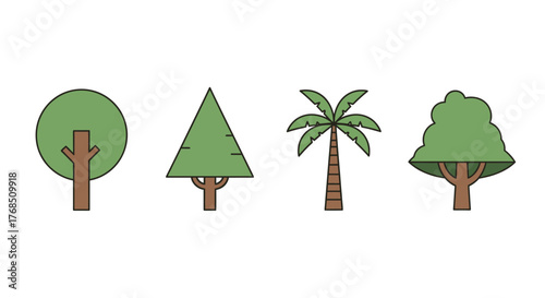 Stylized tree set featuring simplistic line art design depicting diverse tree species