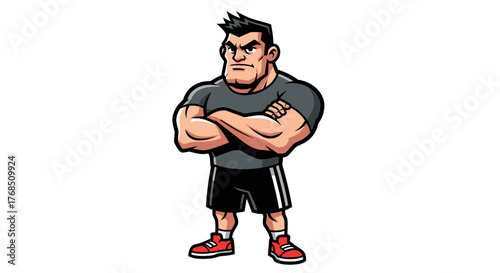 Cartoon illustration showcasing a muscular character with confident posture and cross armed pose