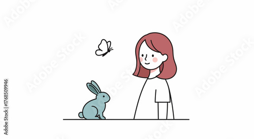 Enchanting Encounter: A Whimsical Illustration of a Girl with a Bunny and Butterfly
