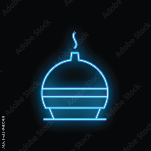 Blue neon sign depicting a traditional arabic incense burner, known as a mabkhara, emitting fragrant smoke