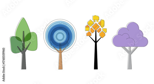 Colorful stylized trees showcasing diverse design approaches and artistic representation