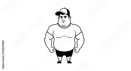 Cartoon Muscular Man with Baseball Cap Posing Confidently in Bold Outlines Character Design