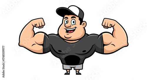 Cartoon strongman flexing his impressive biceps showing off powerful muscularity