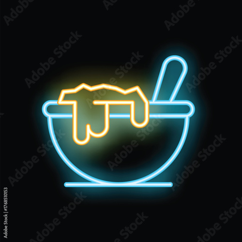 Neon sign of a bowl overflowing with chocolate or peanut butter, and a spoon dipped in, on a black background